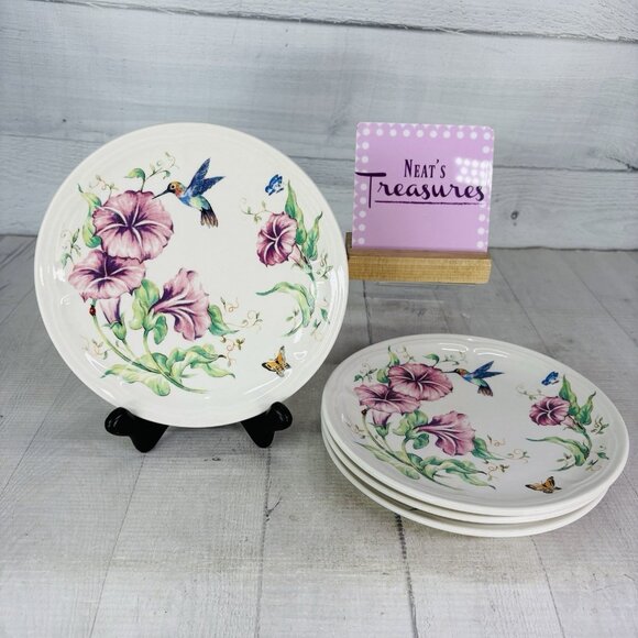 Totally Today Hummingbirds Pink Morning Glory Flower Ceramic Salad Plates Set 4
